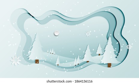 Winter landscape scene with snow flakes and pine tree banner background template in paper cut art style design, vector illustration 