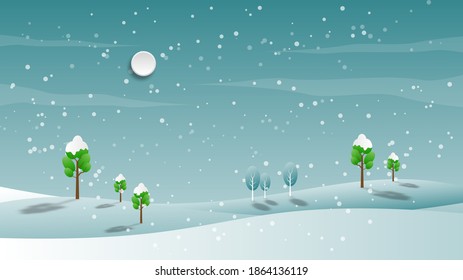 Winter landscape scene with snow flakes and pine tree banner background template in paper cut art style design, vector illustration 