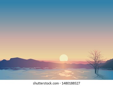 Winter landscape, scene of snowy field with silhouette of wood and mountains against the background of sunset, created by imagination in the format of vector graphics.