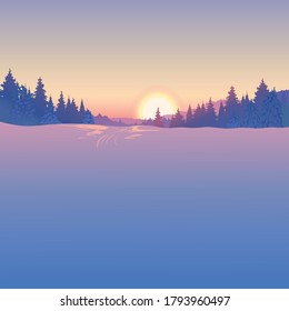 The winter landscape, a scene of a snowy field and a forest against the background of the evening sky, was created by imagination in the format of vector graphics.