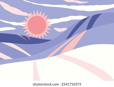 Escena de paisaje de invierno con colinas nevadas y caminos en ellos. Cielo de la mañana, crepúsculo con sol naciente, colinas de nieve en color lila púrpura. Ilustración vectorial.