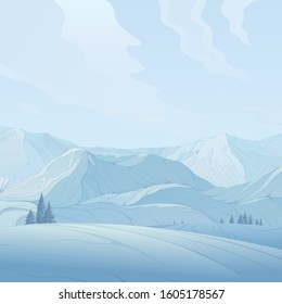 Winter landscape, a scene of snowy mountains and hills against the background of blue sky, created by imagination in the format of vector graphics.