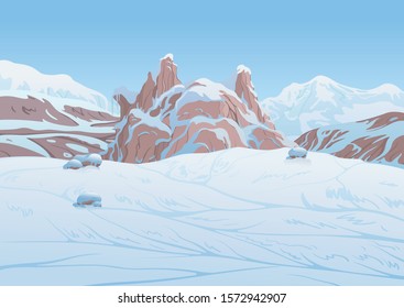Winter landscape, a scene of snowy rocks and stones against the background of mountains, created by imagination in the format of vector graphics.