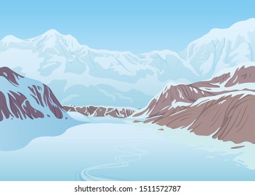 Winter landscape, a scene of snowy valley among rocks against the background of mountains, created by imagination in the format of vector graphics.