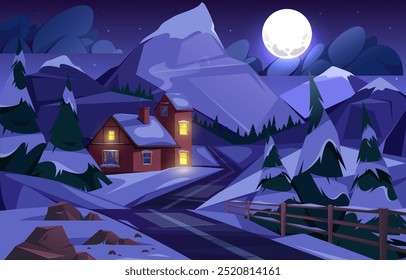 Paisagem de inverno ou cena de aldeia ou campo à noite. Noite na cidade com casa de madeira e estrada, florestas e montanhas. Lua cheia no céu. Ilustração vetorial em estilo cartoon