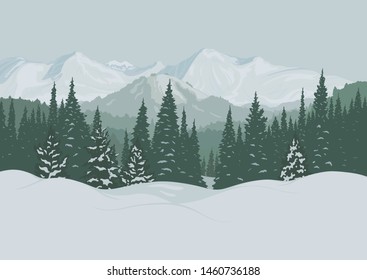 The winter landscape, scene of the wood with fir-trees against the background of snow-covered mountains created on imagination in a format of vector graphics