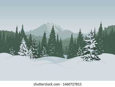 The winter landscape, scene of the wood with snow-covered fir-trees against the background of mountains created on imagination in a format of vector graphics.