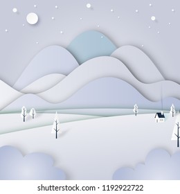 Winter landscape scenery with house and mountains paper cut abstract background.Vector illustration.