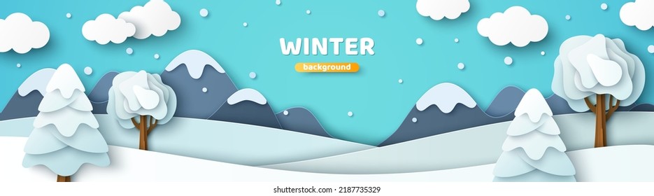 Winter landscape scenery poster paper cut style. Vector illustration. Merry Christmas scene poster, pine tree, snowy mountain, snowdrift. Happy New year 2023 papercut concept, header banner