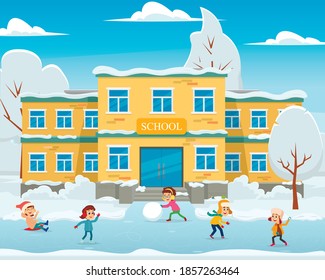 winter landscape, the school building in the snow, and children play in the school yard. vector illustration.