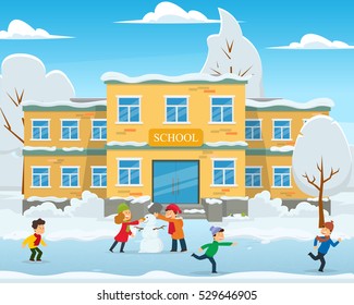 winter landscape, the school building in the snow, and children play in the school yard. vector illustration.