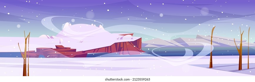 Winter landscape with sea harbor, island with hill and mountains on horizon. Vector cartoon illustration of sea or lake coast, white snow, rocks and bare trees