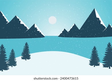 Winter landscape at sea, with mountains and fir trees. Winter vector illustration. Vector.