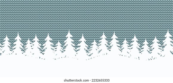 Winter landscape. Seamless border. Christmas background. There are white fir trees on light blue knitted background. Vector illustration