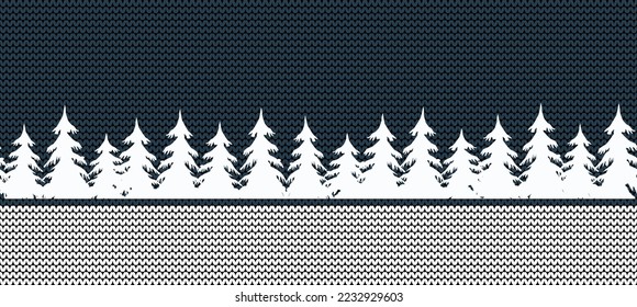 Winter landscape. Seamless border. Christmas background. There are white fir trees on knitted background. Vector illustration