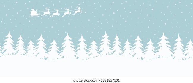 El paisaje invernal. Frontera perfecta. Fondo de Navidad. Santa Claus está cruzando el cielo en ciervo. Siluetas de abetos blancos sobre fondo azul. Bosque de invierno en día de nieve. Ilustración del vector