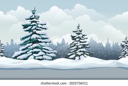 Winter landscape seamless forest background. Vector cartoon illustration of cold winter sunny day outdoor. cold season nature scene with snowy spruce, evergreen coniferous forest, snow drifts and road