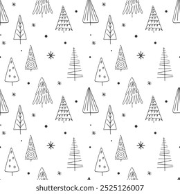 Modelo inconsútil del paisaje del invierno con abeto abstracto del pino. Ilustración de contorno de Doodle. Navidades nevando el bosque dibujado a mano. Patrón blanco y negro para el embalaje de textiles de Fondo de pantalla