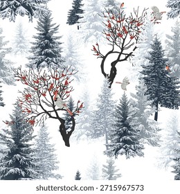 Winter landscape, seamless pattern. Forest in the background. Misty landscape, trees, birds, Red Winterberry plant. Hand drawn.