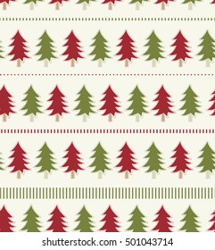 Winter Landscape seamless pattern. Green and Red fir trees. Ski pass.