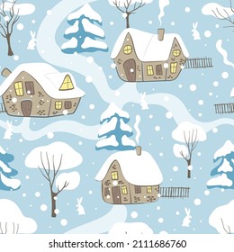 El paisaje invernal se caracteriza por casas, árboles, conejos y copos de nieve. Ilustración vectorial. 