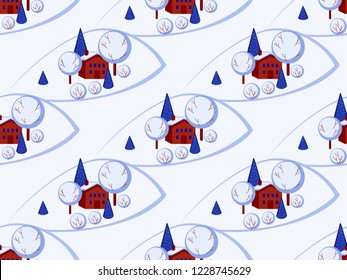 Winter landscape seamless pattern. Mountains, hills, trees, Christmas trees, small house. Modern art style