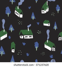 Winter landscape seamless pattern with ornate houses and trees. Hand drawn winter time town. 