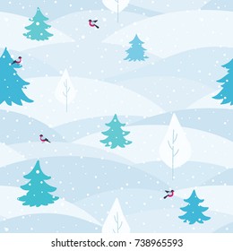 Winter landscape seamless pattern with rolling hills, Christmas trees, forest, birds. For New Year, Christmas, Winter sale, event banner, flyer, gift paper, wrapping, party invitation, greeting card