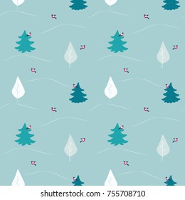 Winter landscape seamless pattern with rolling hills, Christmas trees, forest, birds. For New Year, Christmas, Winter sale, event banner, flyer, gift paper, wrapping, party invitation, greeting card