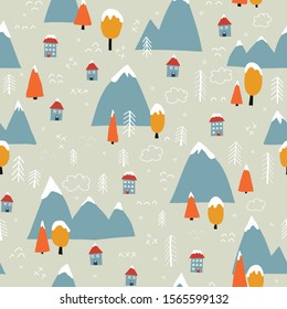 Winter landscape seamless vector pattern. Christmas town background. Mountains, forest trees, houses covered in snow. Scandinavian flat cartoon style. For wallpaper, gift wrap, greeting card, fabric