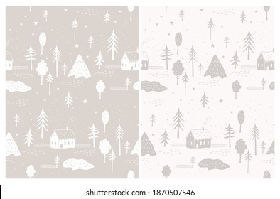 Winter Landscape Seamless Vector Patterns Set. Christmas Holidays Design with Little Wooden House, Pine Trees, Mountain, Stars and Pond. Winter Village Print on a Brown and Light Beige Background.