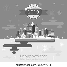 Winter landscape. Set 2 Small town. Wishing Happy New Year 2016 Flat design. Mountains, urban, nature, river, buildings, city. Stock. Image. Illustration. Vector.