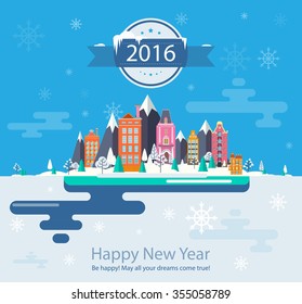 Winter landscape. Set 4 Small town. Wishing Happy New Year 2016 Flat design. Mountains, urban, nature, river, buildings, city. Stock. Image. Illustration. Vector.