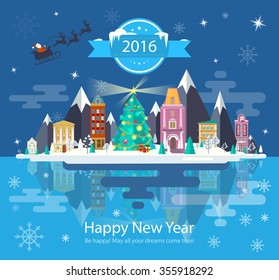 Winter landscape. Set 7 Small town. Wishing Happy New Year 2016 Flat design. Santa Claus on a sleigh flying through the sky. Mountains, nature, buildings, city. Stock. Image. Illustration. Vector