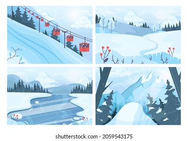 Winter landscape set. Frozen river, mountain and forest scenery. Beautiful wild nature in snow, december freezing weather. Flat vector illustration