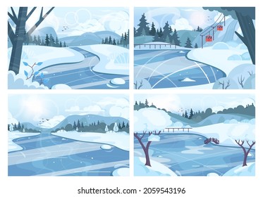 Winter landscape set. Frozen river, pound or lake. Ice skating background. Mountain and forest scenery. Beautiful wild nature in snow, december freezing weather. Flat vector illustration