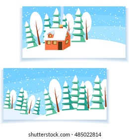 Winter landscape set with powdered house and trees with spruces on snow-covered ground. Vector illustration in flat style for winter congratulation card.