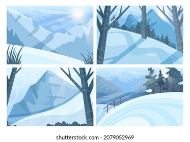 Winter landscape set. Ski and snowboarding wild natural paths. Snowy hills and forest scenery. Beautiful wild nature in snow, december freezing weather. Flat vector illustration