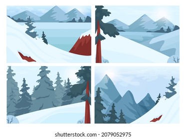 Winter landscape set. Ski and snowboarding wild natural paths. Snowy hills and forest scenery. Beautiful wild nature in snow, december freezing weather. Flat vector illustration