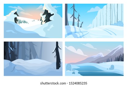 Winter landscape set. Snow on the tree, white and blue color season. Beauty in nature, december scenery. Vector illustration in cartoon style