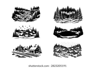 Winter landscape set with train railway station mountain waterfall cozy village night moon pine forest and alpine lake scenery woodcut black and white vector illustration