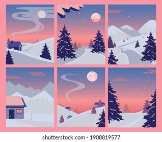 Winter landscape set. Vector illustration of a Christmas winter landscape, winter concept.