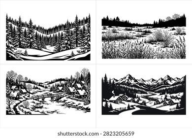 Winter landscape set with wooden bridge over river rustic village pine forest wild grass meadow and snow peak mountain scenery woodcut black and white vector illustration