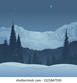 Winter landscape, silhouette of coniferous forest against the background of snowy mountains and star sky, created by imagination in the format of vector graphics.