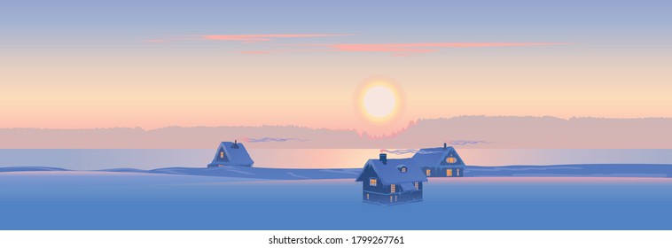 The winter landscape, the silhouette of houses standing on the banks of a frozen river against the background of the evening sky, is created by imagination in the format of vector graphics.