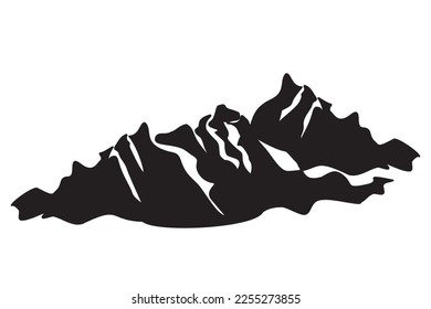 Winter landscape silhouette of impenetrable rocky mountains in firs snow. Vector illustration of mountains symbol, icon, logo, emblem for winter travel, adventure, camper, picnic, and tours.