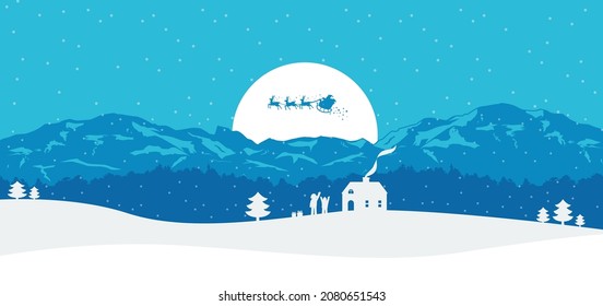 Winter landscape, Silhouette of Santa Claus with sleigh, Vector