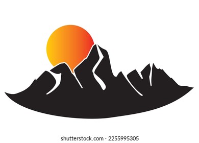 Winter landscape silhouette of sharp and steep rocky mountain peaks under sun in firs snow. Winter travel vector illustration of rocky mountain for icon, symbol, logo, emblem. Continuous line vector.
