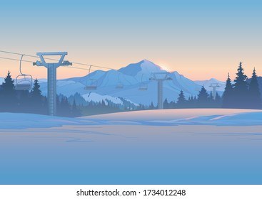 Winter landscape, silhouette of snowy mountains with cable car against the background of evening sky, created by imagination in the format of vector graphics.