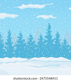 Winter landscape silhouette with white pine trees on snow hill. Christmas landscape with fir trees forest and snowing. Happy new year celebration. New year xmas holiday. Vector illustration flat style